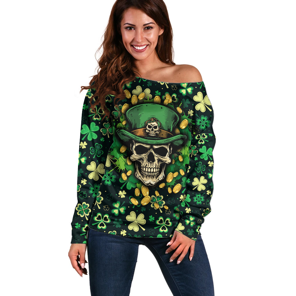 Skull and Shamrock Leaf Pattern Off Shoulder Sweater Good Luck - Wonder Print Shop