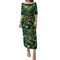 Green long dress with skull and shamrock leaf print, short sleeves and scoop neck