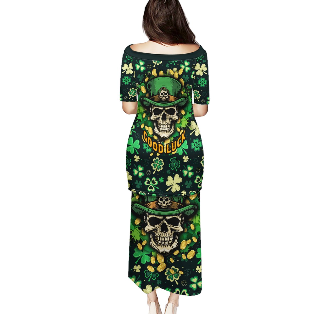 Green long dress, back view with skull, shamrock leaf pattern and GOODLUCK text