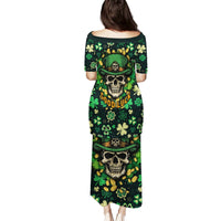 Green long dress, back view with skull, shamrock leaf pattern and GOODLUCK text