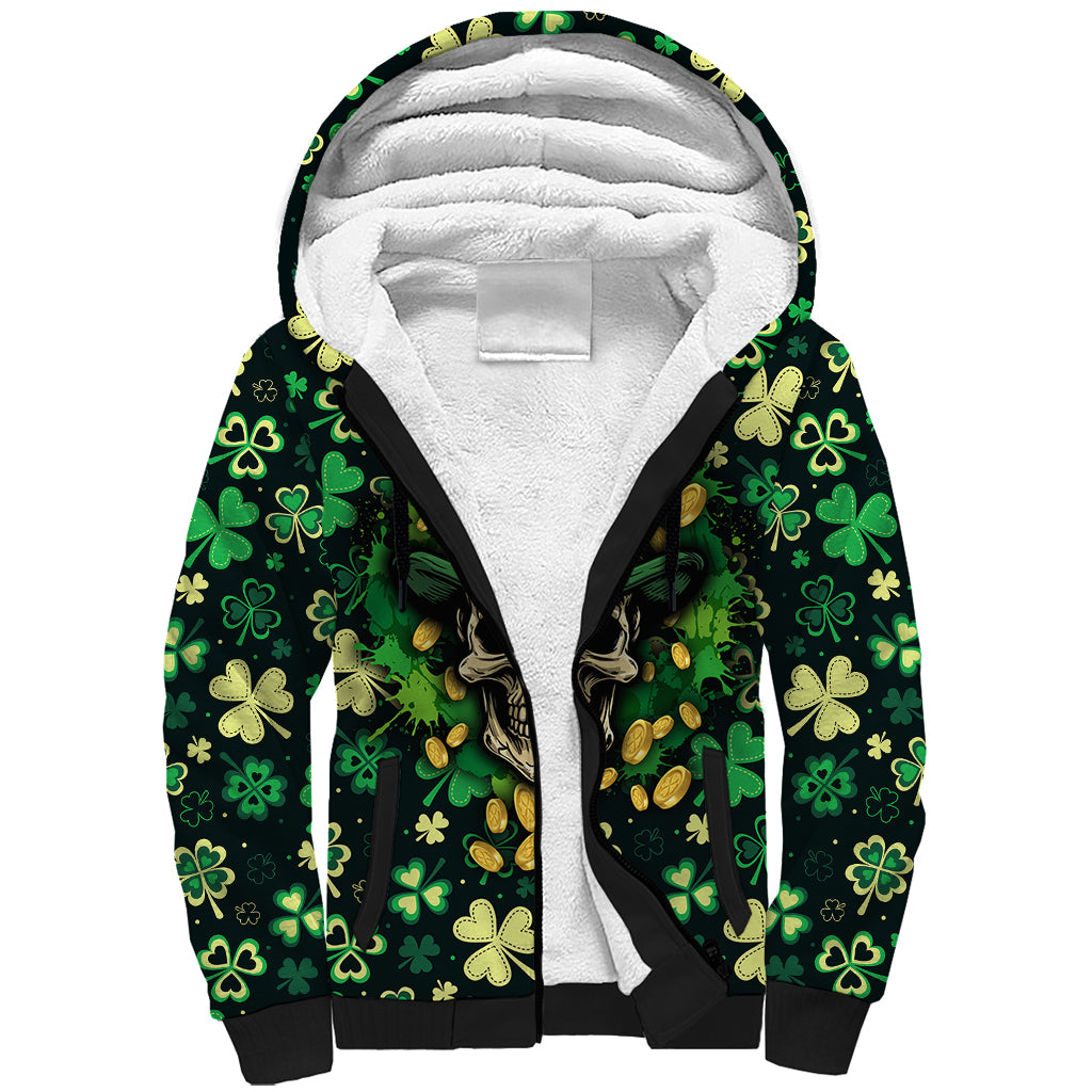 Skull and Shamrock Leaf Pattern Sherpa Hoodie Good Luck - Wonder Print Shop