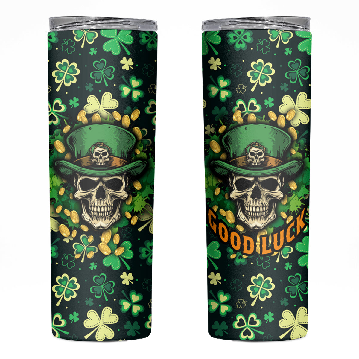 Skull and Shamrock Leaf Pattern Skinny Tumbler Good Luck