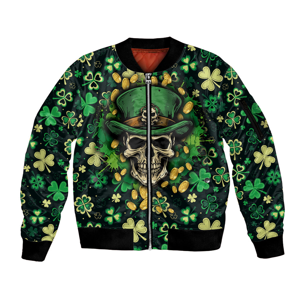 Green zip bomber jacket with skull and shamrock leaf sleeve allover print