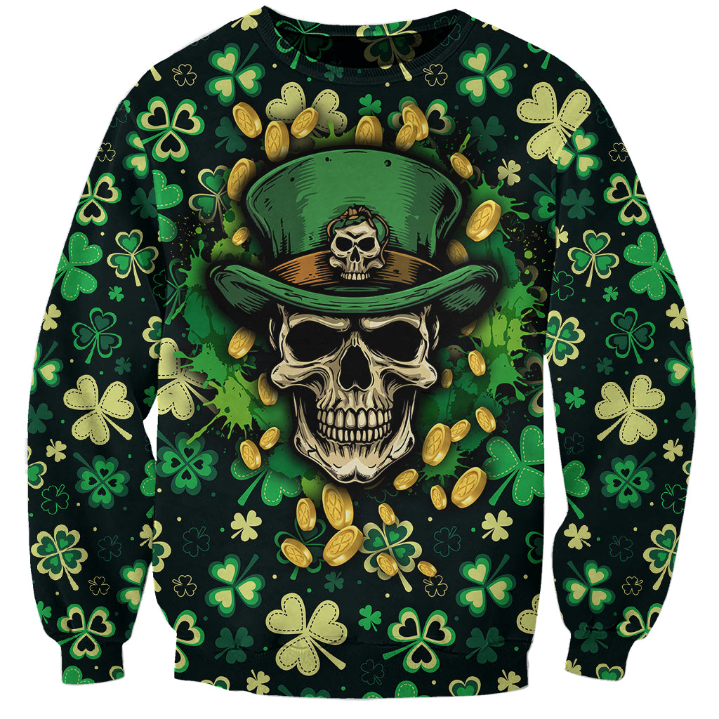 Green crewneck sweatshirt with skull in hat, shamrocks and gold coin graphic