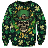 Green crewneck sweatshirt with skull in hat, shamrocks and gold coin graphic