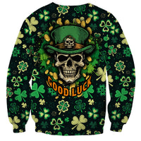 Green crewneck sweatshirt with skull-and-hat graphic, shamrocks, and GOOD LUCK text