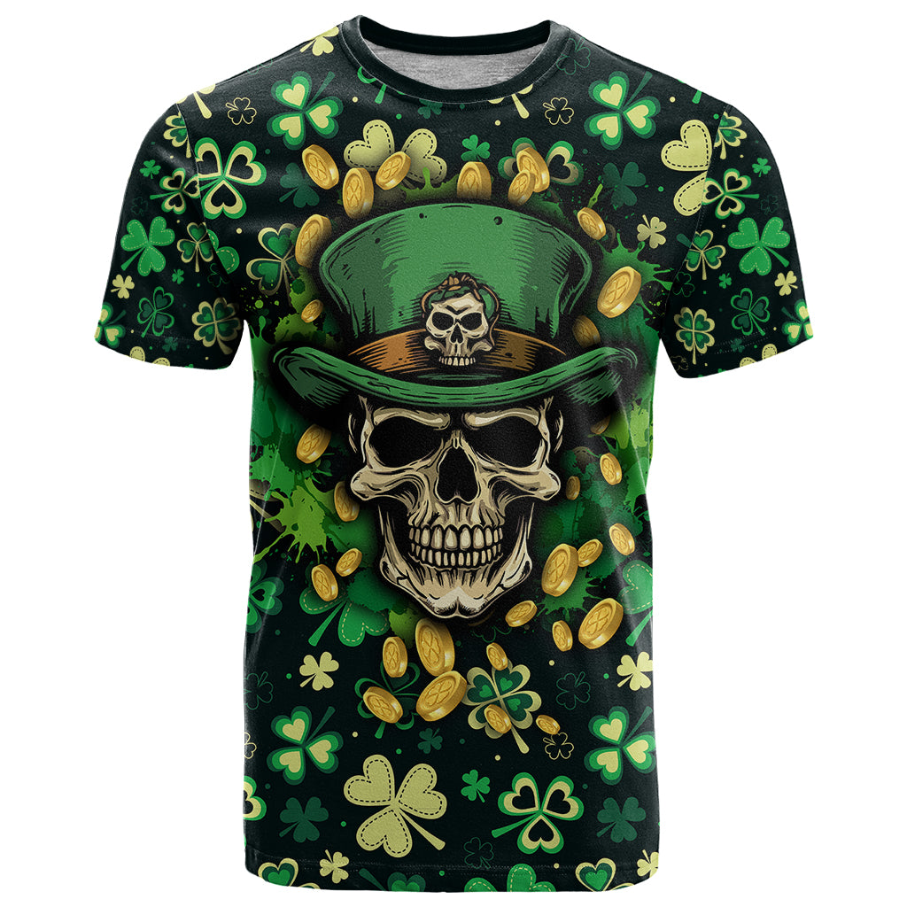 Skull and Shamrock Leaf Pattern T Shirt Good Luck - Wonder Print Shop