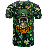Back view shamrock skull T-shirt, dark green with clovers, coins, and 'GOOD LUCK'