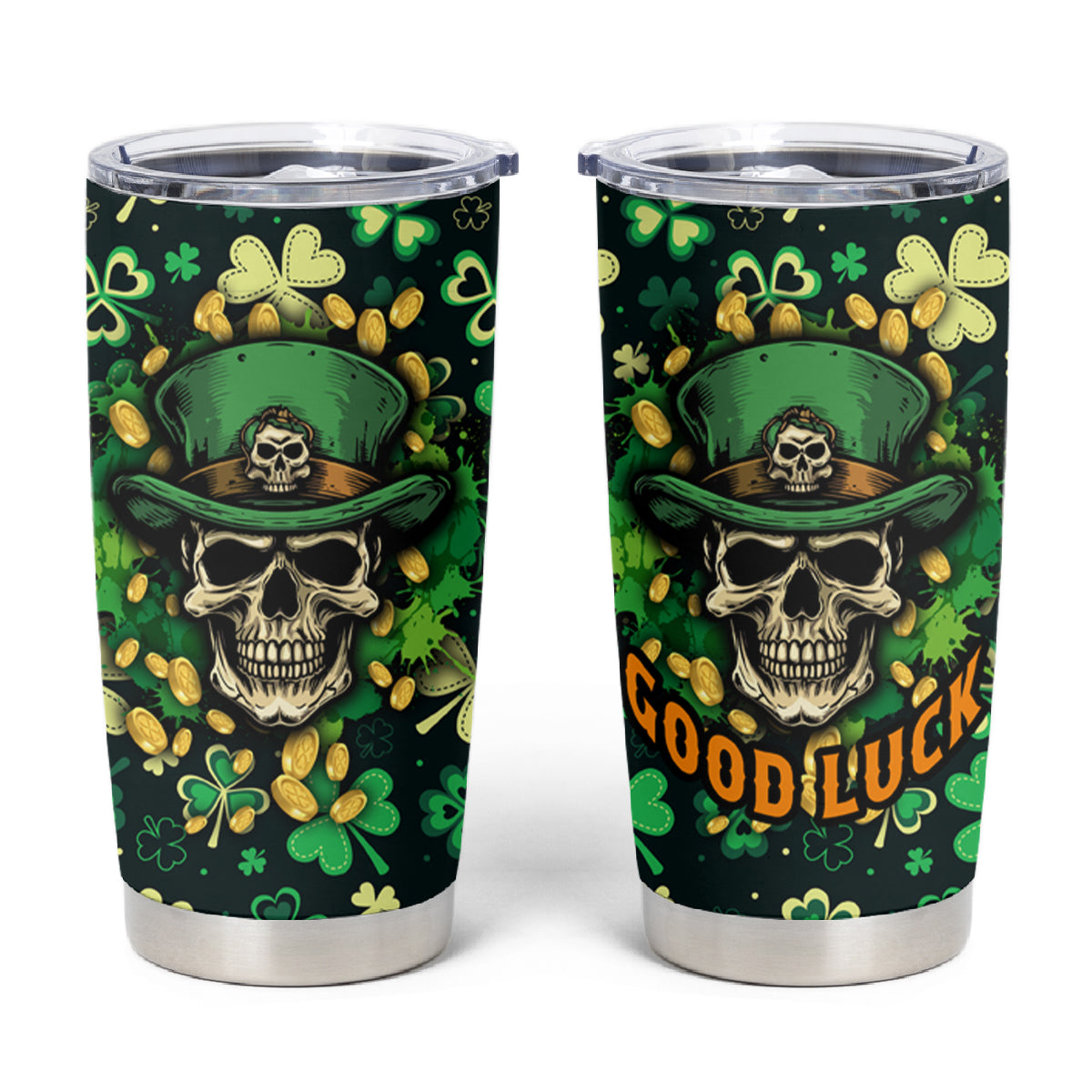 Skull and Shamrock Leaf Pattern Tumbler Cup Good Luck