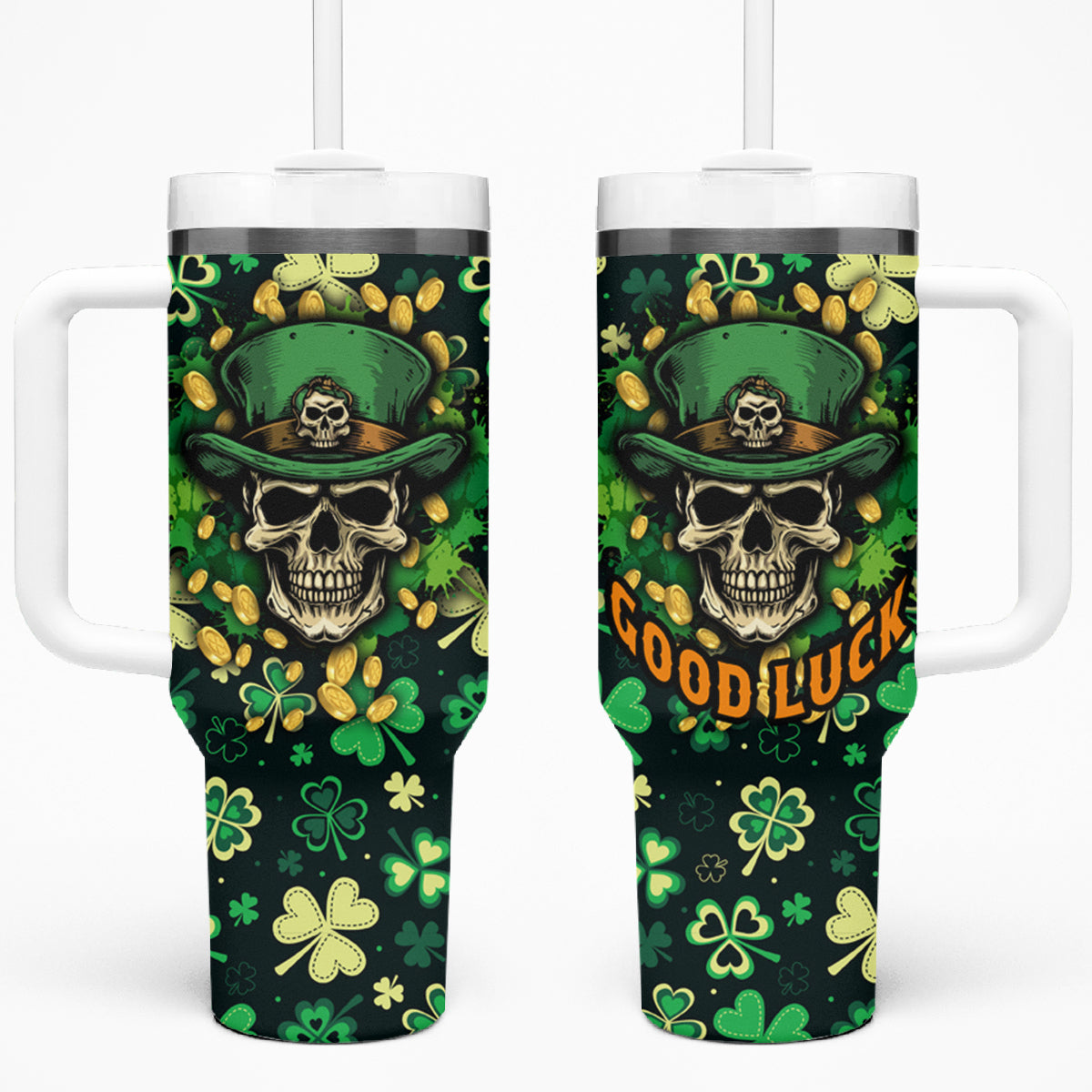 Skull and Shamrock Leaf Pattern Tumbler With Handle Good Luck