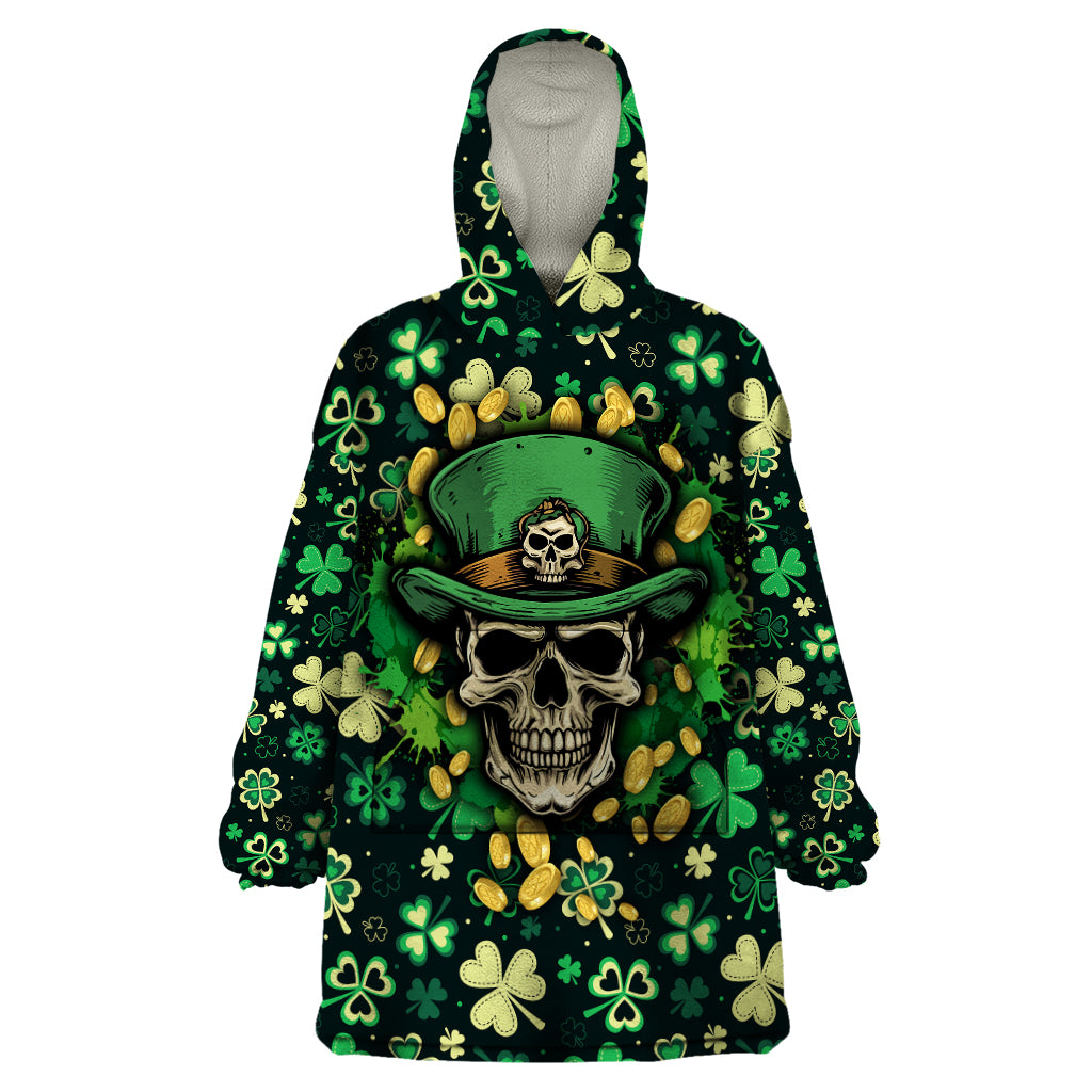 Skull and Shamrock Leaf Pattern Wearable Blanket Hoodie Good Luck - Wonder Print Shop