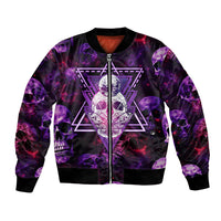Purple bomber jacket with cosmic skull-and-moth graphic, front zipper, ribbed cuffs