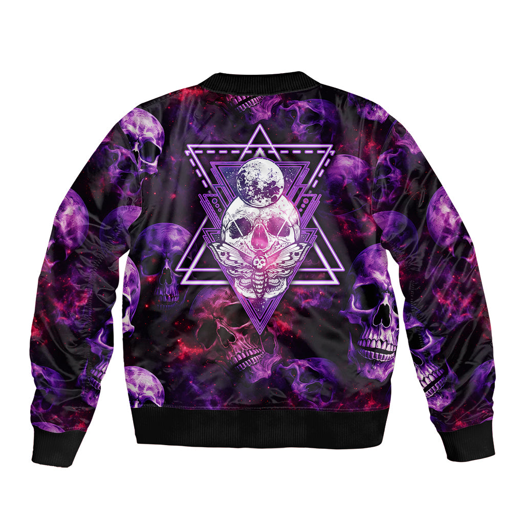 Purple bomber jacket with back cosmic skull-and-moth graphic, ribbed collar and hem