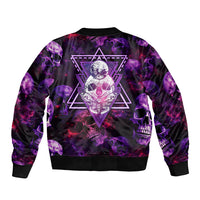 Purple bomber jacket with back cosmic skull-and-moth graphic, ribbed collar and hem