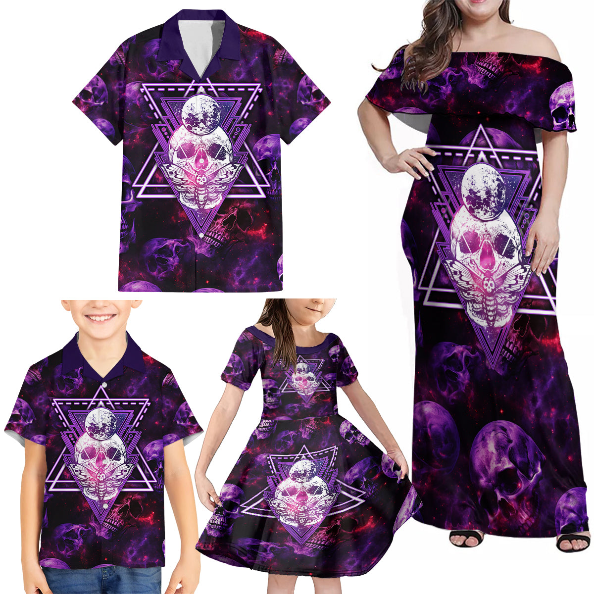 Skull and Moth Family Matching Off Shoulder Maxi Dress and Hawaiian Shirt Fantasy Cosmic Abstract - Grunge Purple Art - Wonder Print Shop