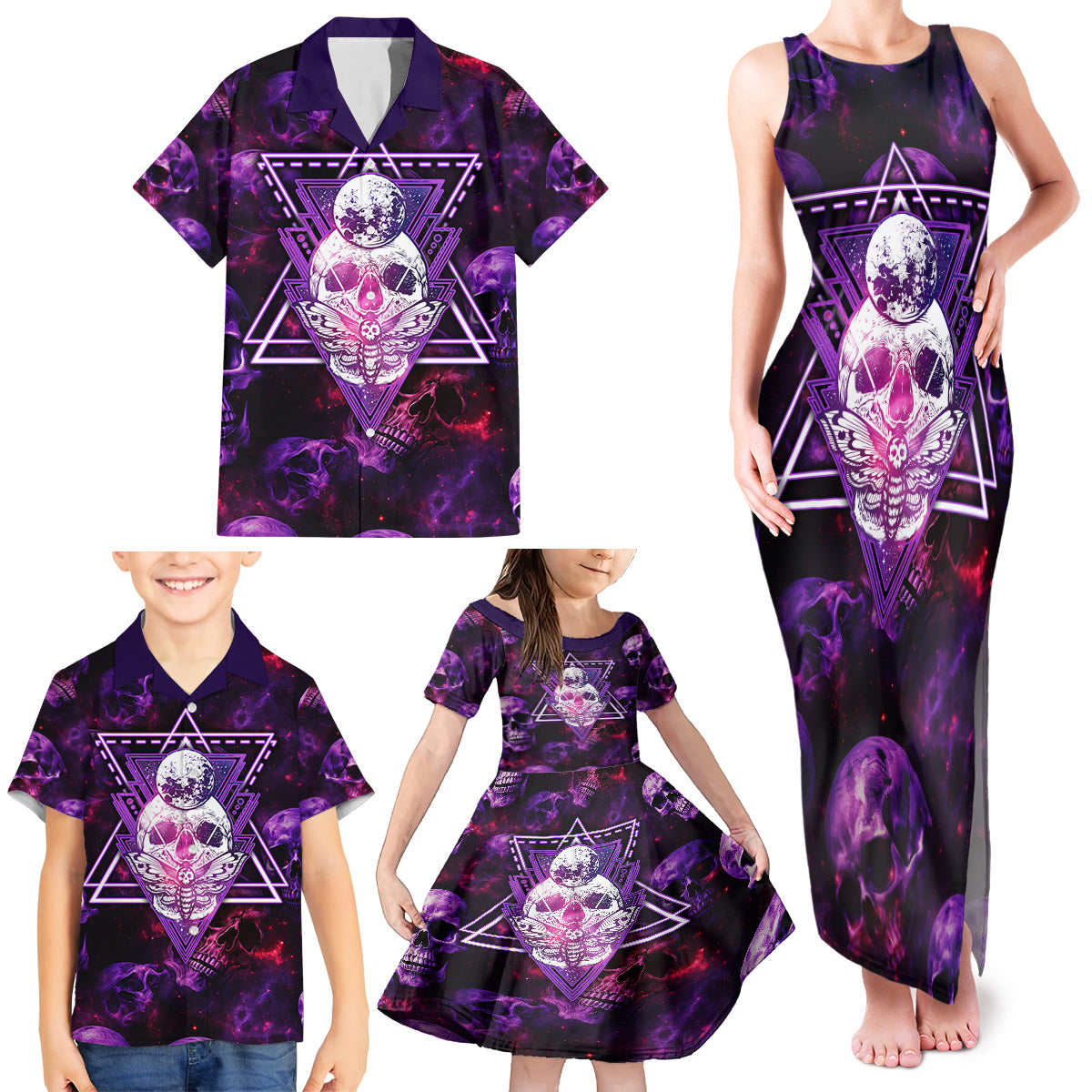 Skull and Moth Family Matching Tank Maxi Dress and Hawaiian Shirt Fantasy Cosmic Abstract - Grunge Purple Art - Wonder Print Shop