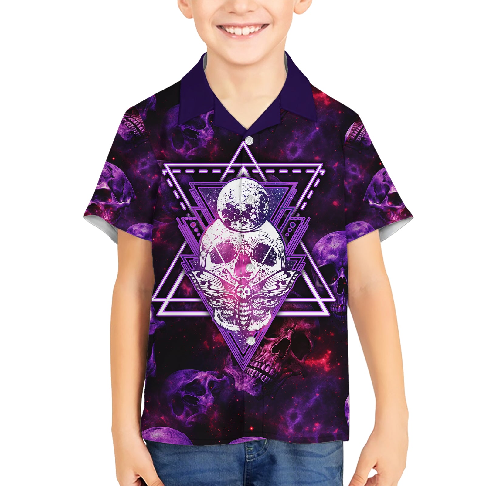 Skull and Moth Kid Hawaiian Shirt Fantasy Cosmic Abstract - Grunge Purple Art - Wonder Print Shop