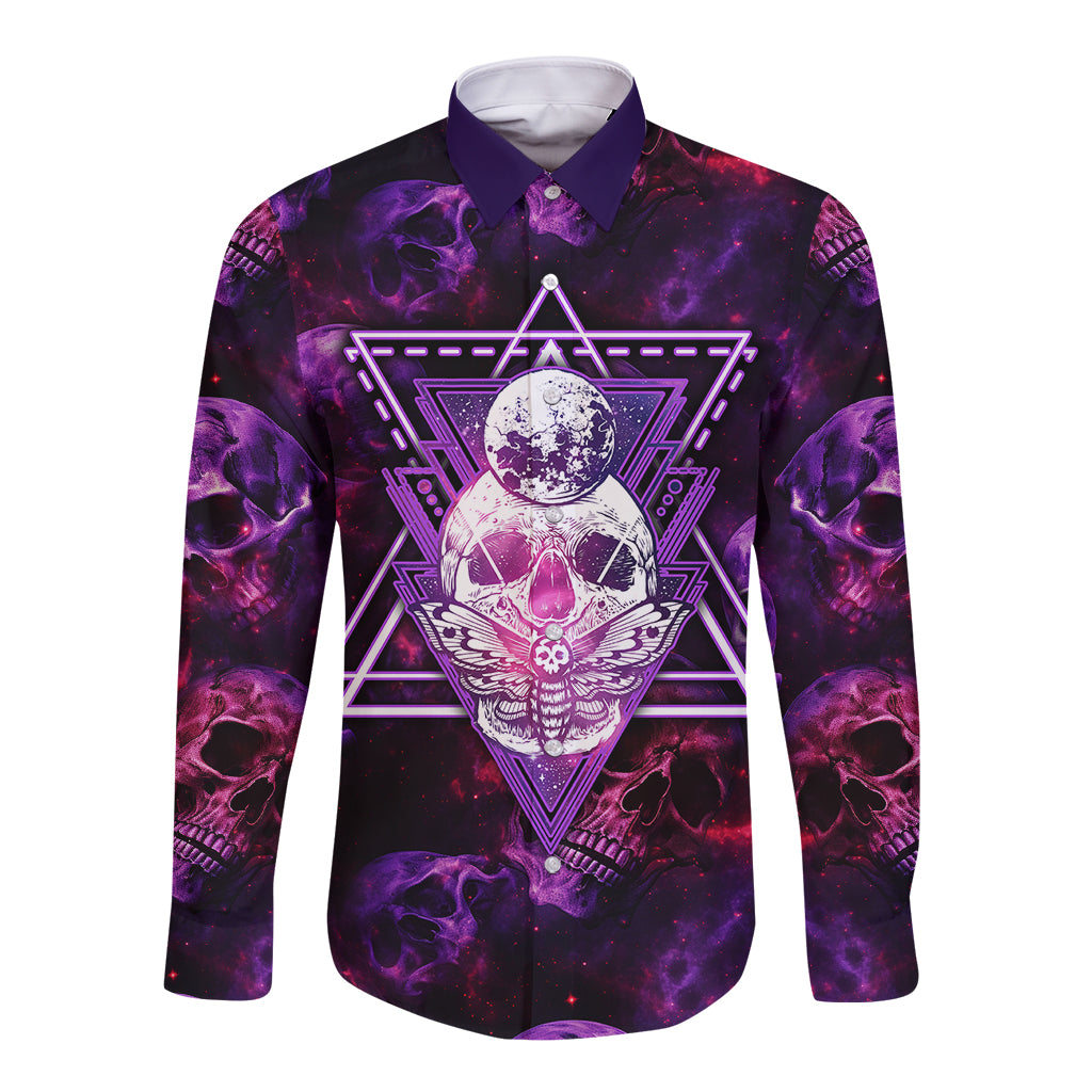 Skull and Moth Long Sleeve Button Shirt Fantasy Cosmic Abstract - Grunge Purple Art - Wonder Print Shop