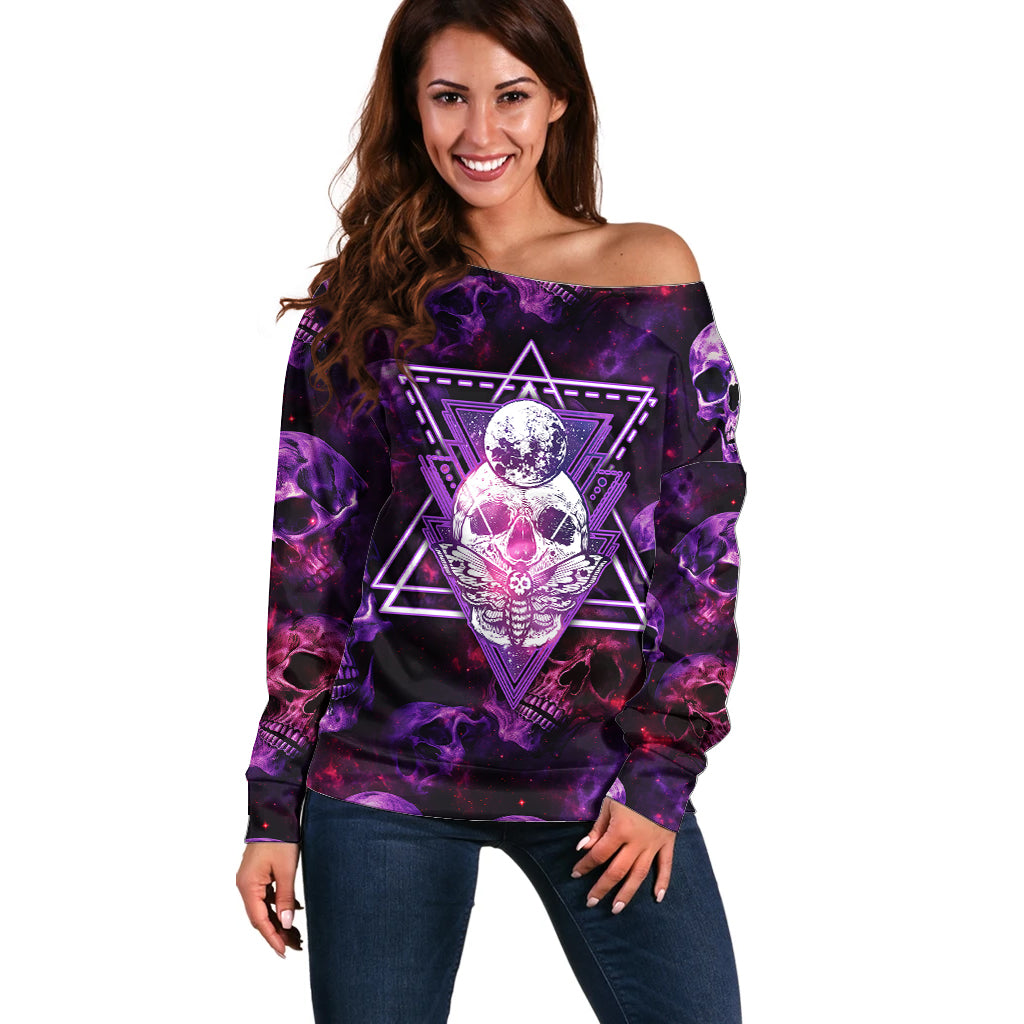 Skull and Moth Off Shoulder Sweater Fantasy Cosmic Abstract - Grunge Purple Art - Wonder Print Shop