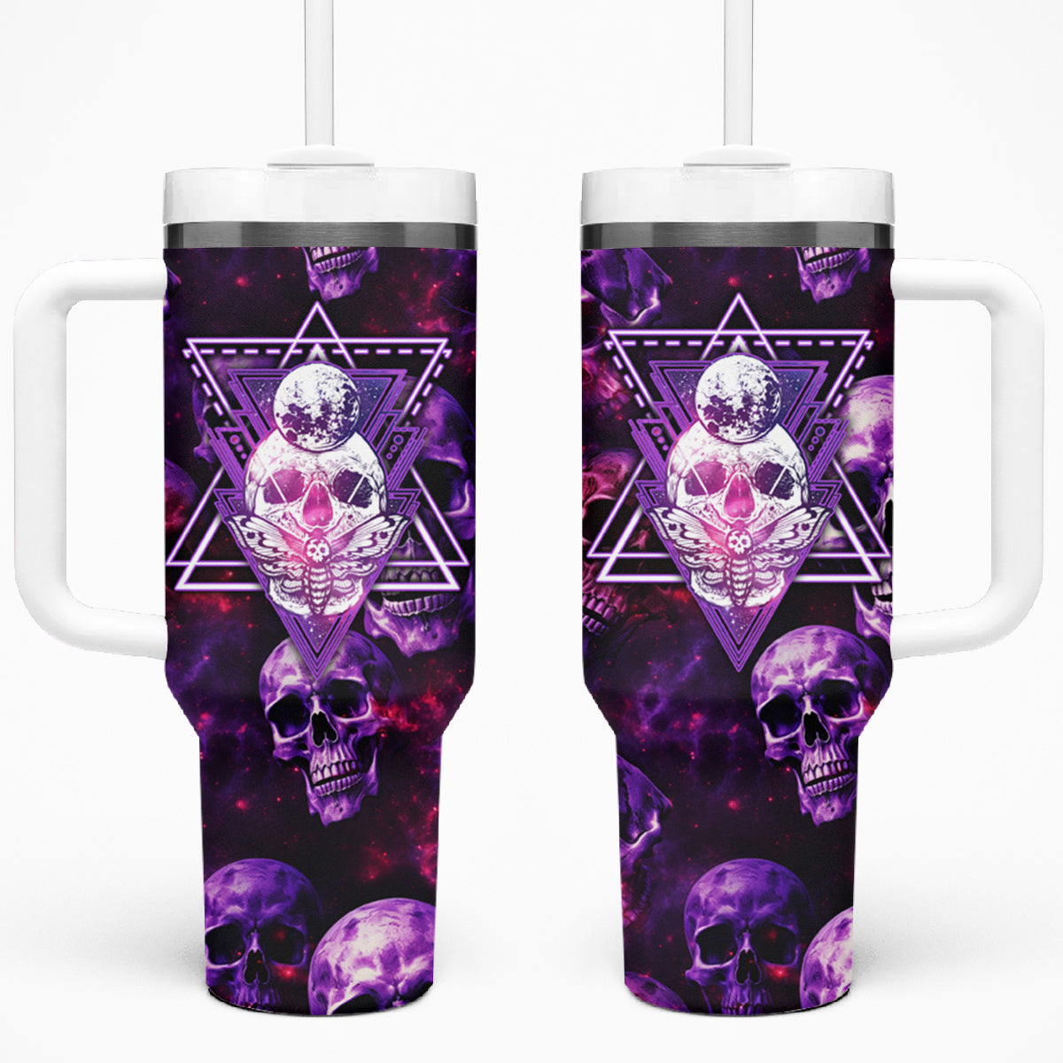 Skull and Moth Tumbler With Handle Fantasy Cosmic Abstract - Grunge Purple Art