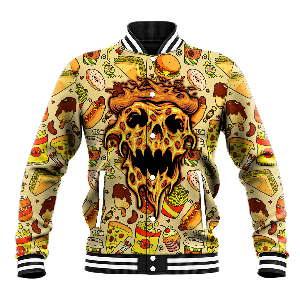 Multicolor pizza skull baseball jacket with ribbed striped collar and button front