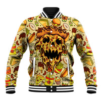 Multicolor pizza skull baseball jacket with ribbed striped collar and button front