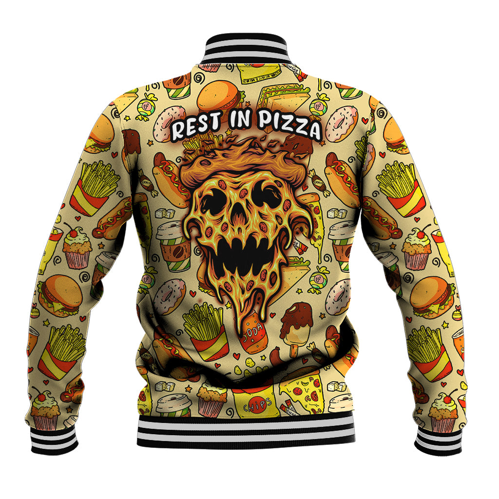 Multicolor pizza skull baseball jacket with 'REST IN PIZZA' text on back