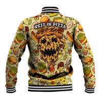 Multicolor pizza skull baseball jacket with 'REST IN PIZZA' text on back