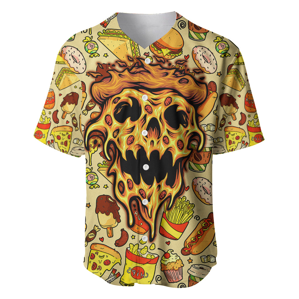 Multicolor pizza skull baseball jersey with flame graphic and button-front collar.