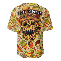 Multicolor baseball jersey with 'REST IN PIZZA' text over pizza-skull flame print.