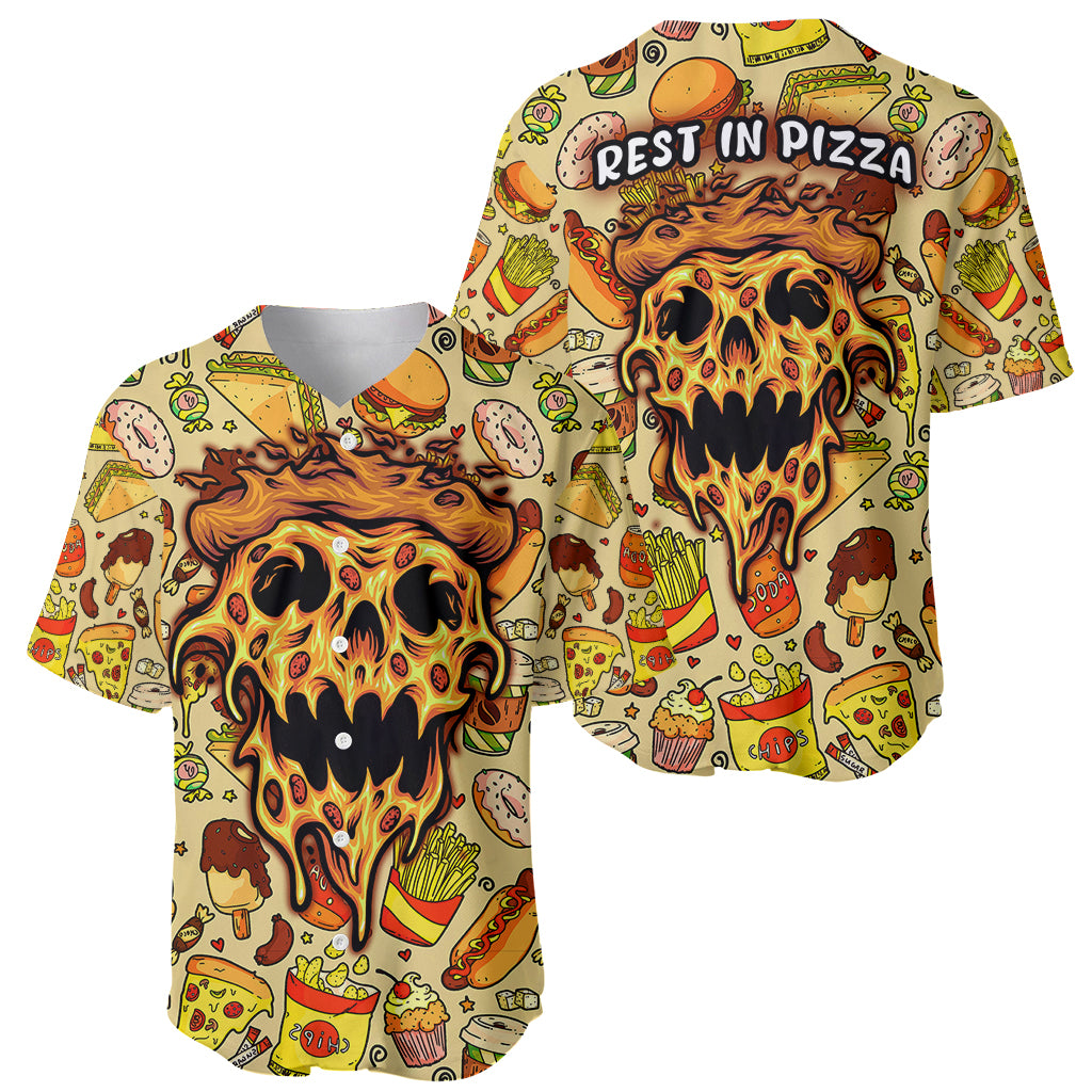 Multicolor pizza skull baseball jersey shown front and back with 'REST IN PIZZA'.