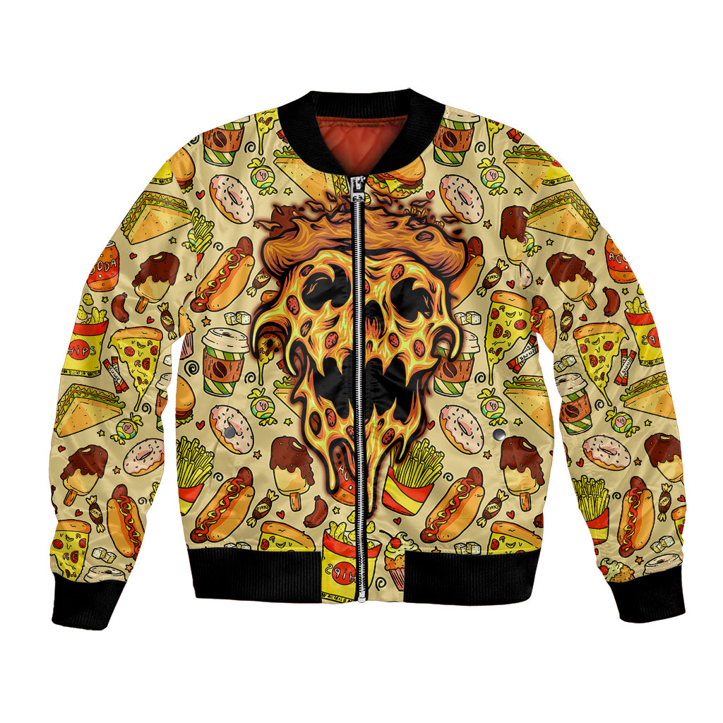 Multicolor pizza print bomber jacket with fiery skull; full-zip front, black ribbed trim.