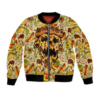 Multicolor pizza print bomber jacket with fiery skull; full-zip front, black ribbed trim.