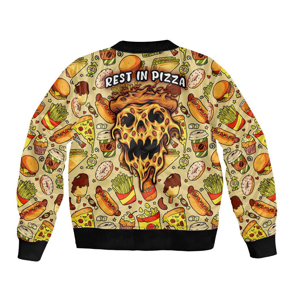 Multicolor bomber jacket with pizza-and-soda pattern, fiery skull and 'REST IN PIZZA' text.