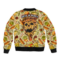 Multicolor bomber jacket with pizza-and-soda pattern, fiery skull and 'REST IN PIZZA' text.