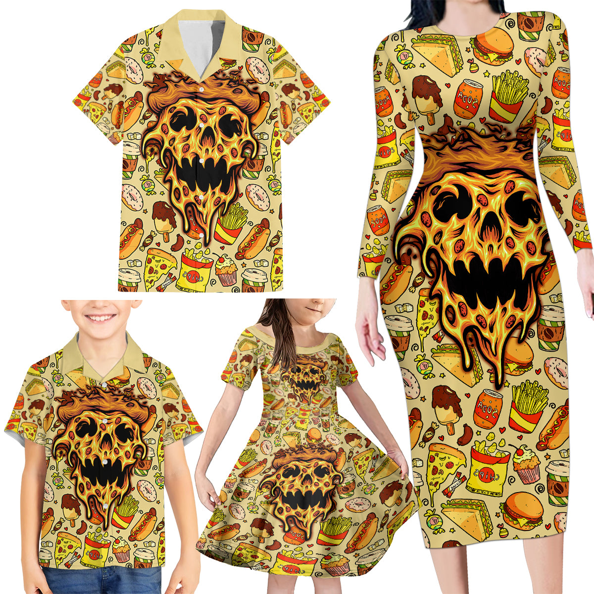 Skull Pizza Pattern Family Matching Long Sleeve Bodycon Dress and Hawaiian Shirt Rest in pizza - Wonder Print Shop