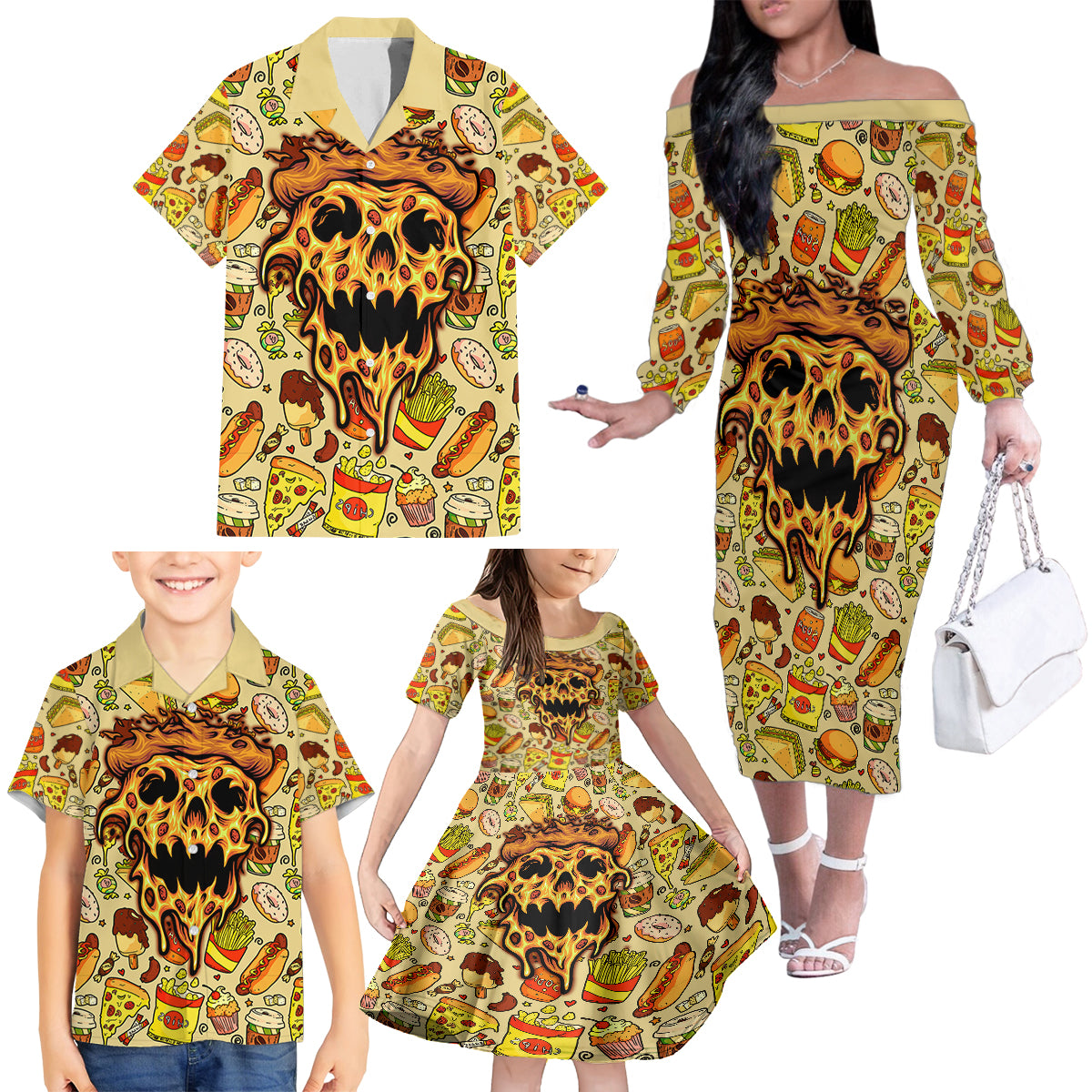 Skull Pizza Pattern Family Matching Off Shoulder Long Sleeve Dress and Hawaiian Shirt Rest in pizza - Wonder Print Shop