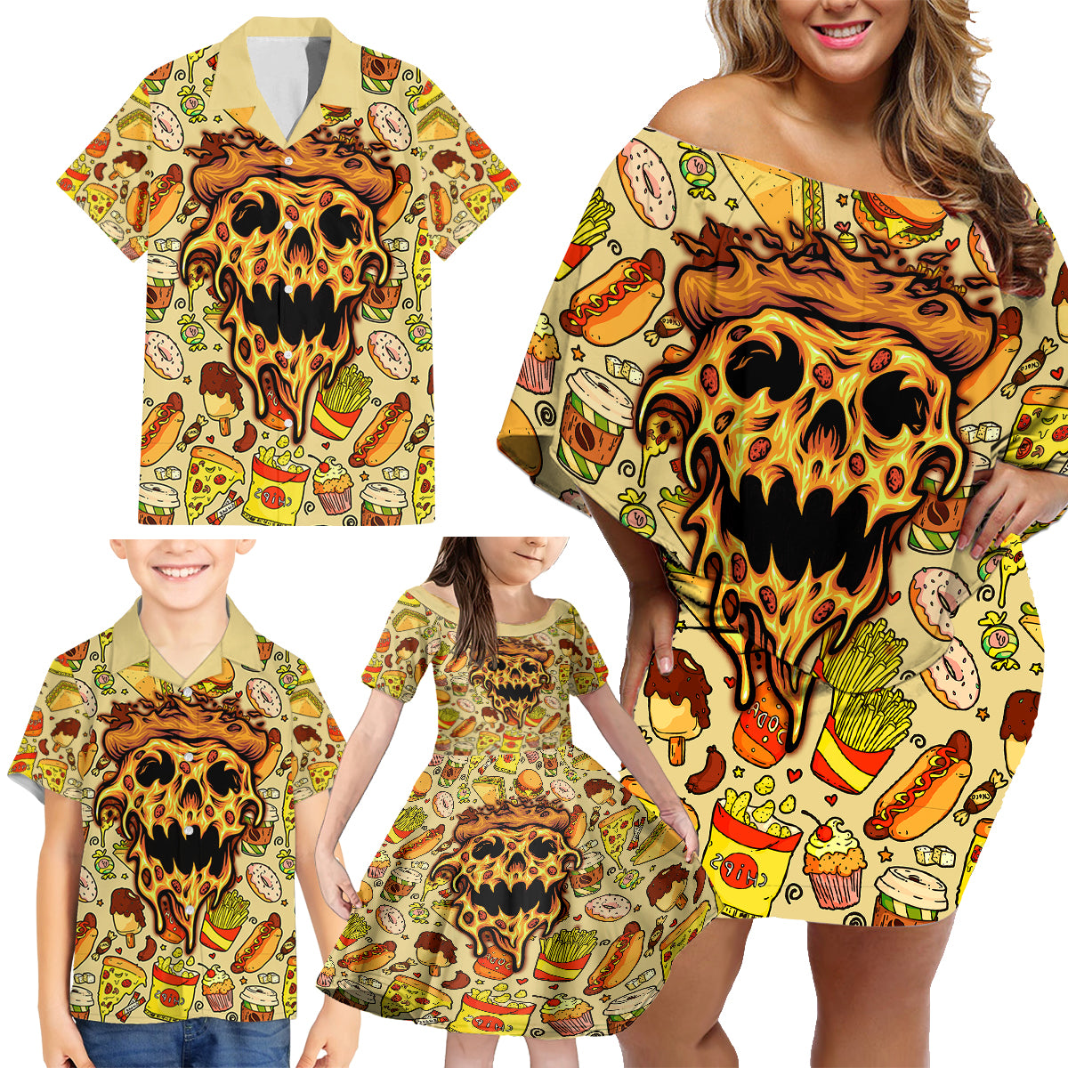 Skull Pizza Pattern Family Matching Off Shoulder Short Dress and Hawaiian Shirt Rest in pizza - Wonder Print Shop