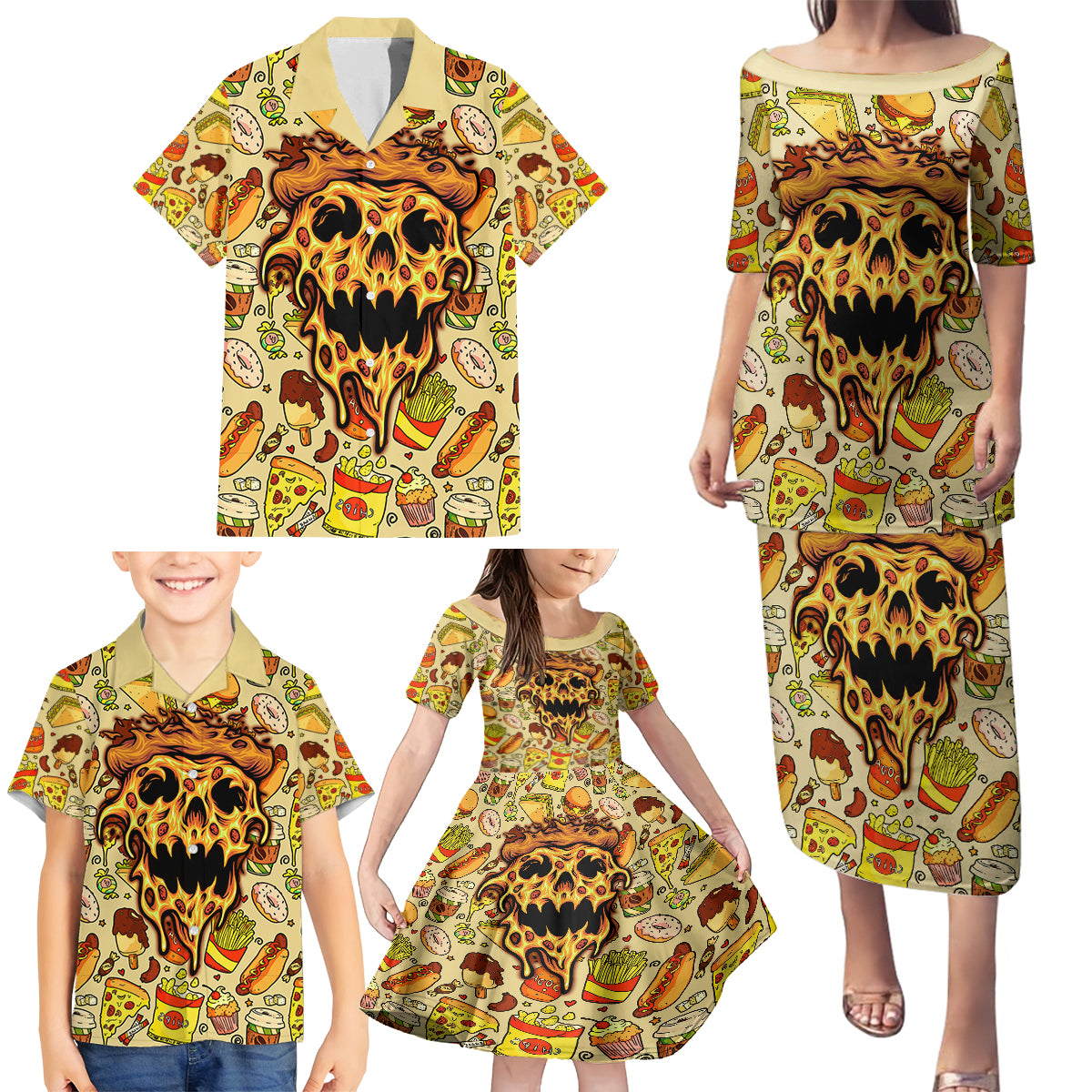 Skull Pizza Pattern Family Matching Puletasi Dress and Hawaiian Shirt Rest in pizza - Wonder Print Shop