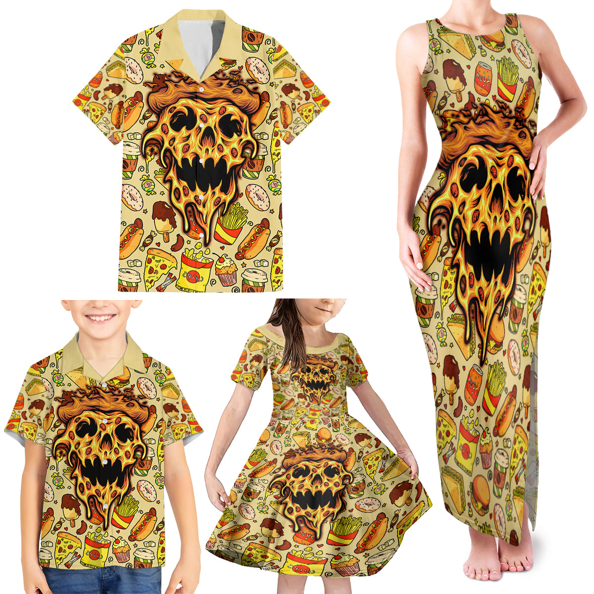 Skull Pizza Pattern Family Matching Tank Maxi Dress and Hawaiian Shirt Rest in pizza - Wonder Print Shop