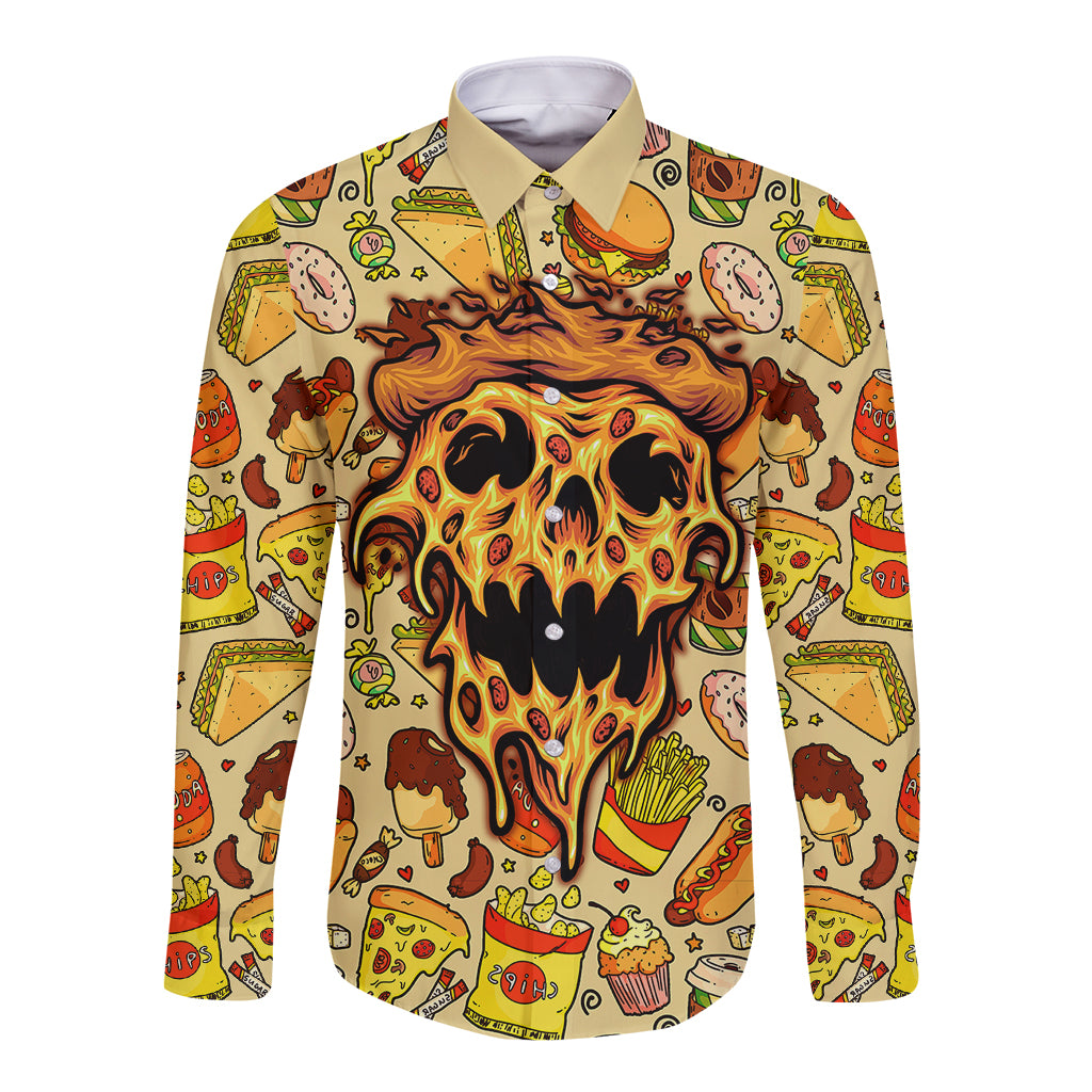 Multicolor long sleeve button shirt with pizza skull graphic and point collar