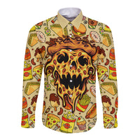 Multicolor long sleeve button shirt with pizza skull graphic and point collar