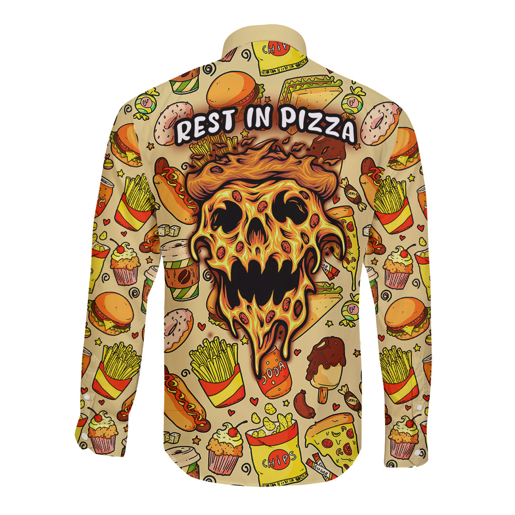 Multicolor long sleeve button shirt, back text 'REST IN PIZZA' with pizza skull