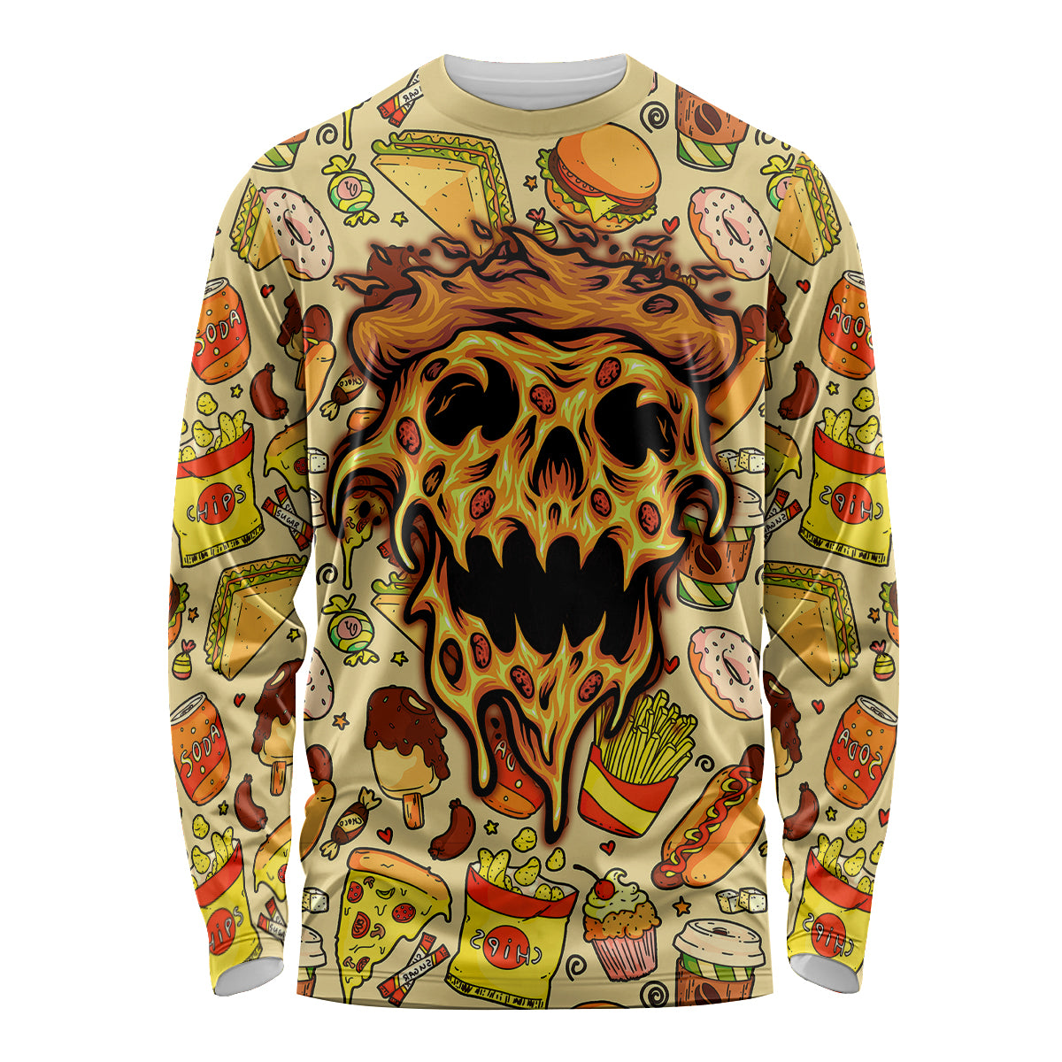 Unisex long-sleeve pizza skull graphic shirt, multicolor all-over print.