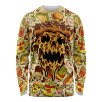 Unisex long-sleeve pizza skull graphic shirt, multicolor all-over print.