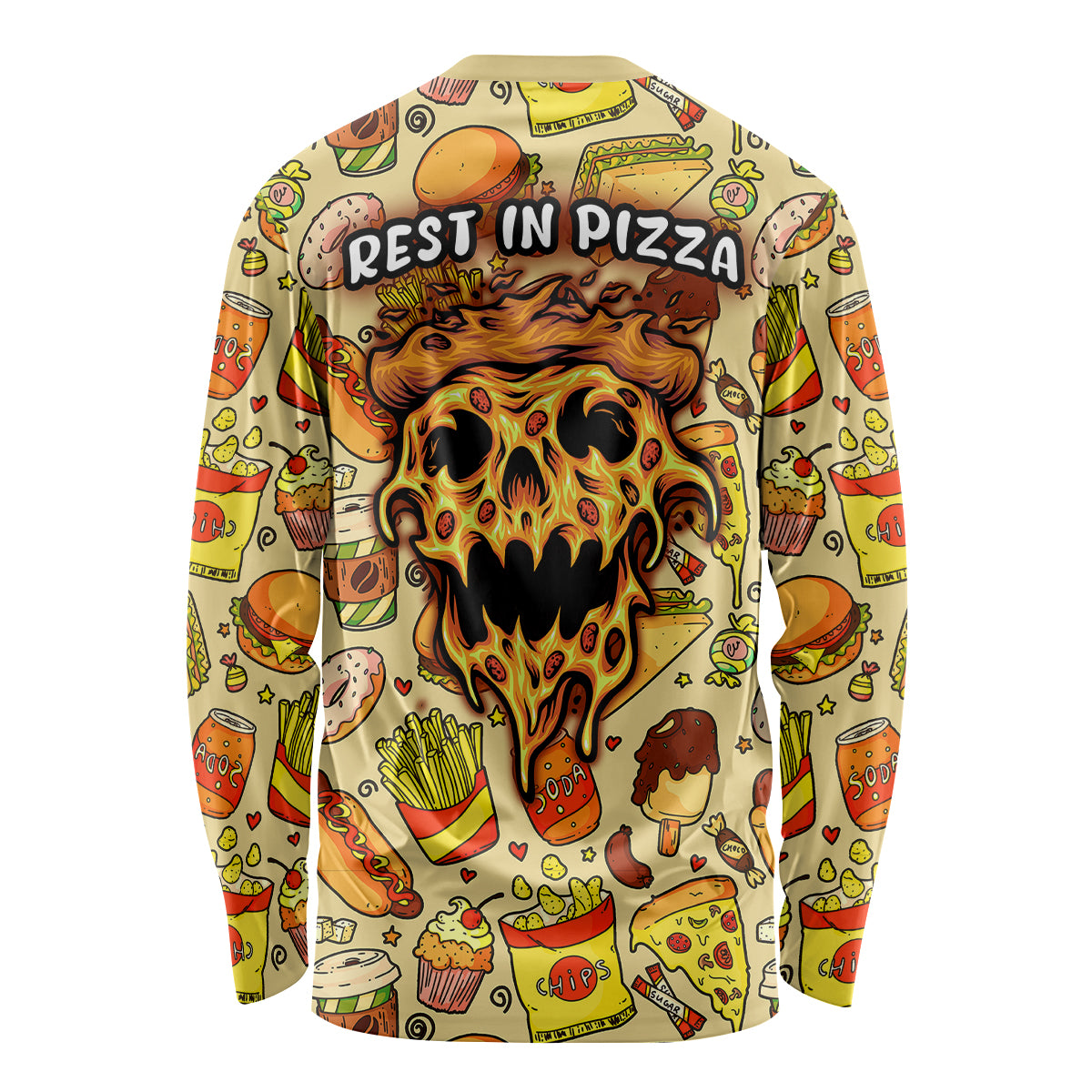Unisex long-sleeve REST IN PIZZA pizza skull shirt, multicolor back print.