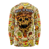 Unisex long-sleeve REST IN PIZZA pizza skull shirt, multicolor back print.