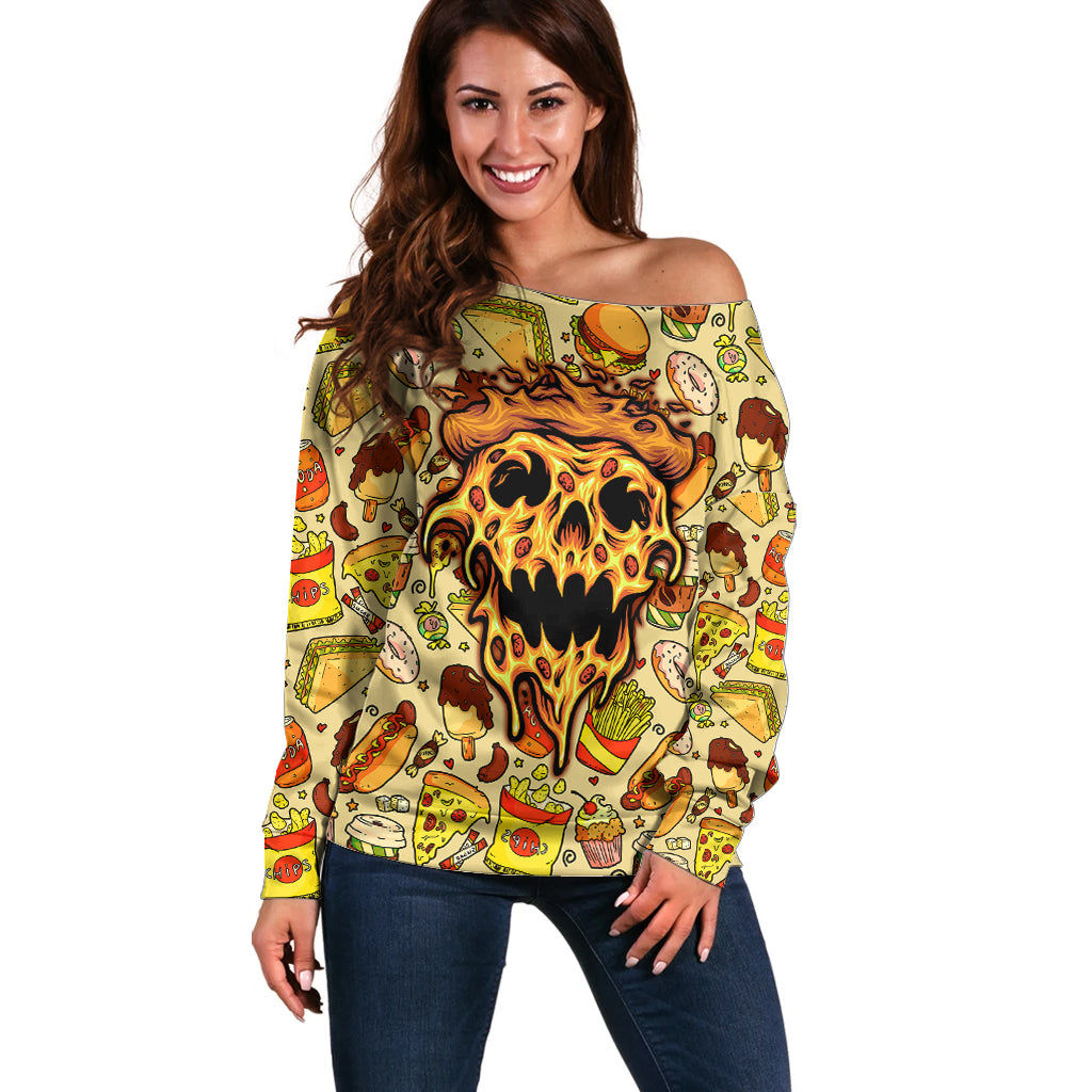 Skull Pizza Pattern Off Shoulder Sweater Rest in pizza - Wonder Print Shop