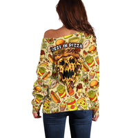 Back view off-shoulder sweater with pizza-skull graphic and 'Rest in Pizza' text