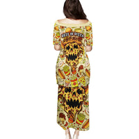 Back view of multicolor long dress with 'REST IN PIZZA' pizza skull print